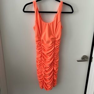 Tiger Mist Neon Orange Ruched Dress